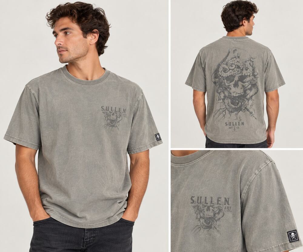 Sullen Art Collective Premium Men’s Large Gray Skull Graphic T-Shirt Tattoo Art